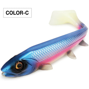 Spinpoler Bombshad Square Tail Swimbait – Premium soft fishing lure with a unique square tail paddle for maximum water displacement, lifelike 3D eyes, and realistic rolling action. Designed for catching big pike, bass, musky, walleye, and saltwater predators in lakes, rivers, reservoirs, and coastal waters.