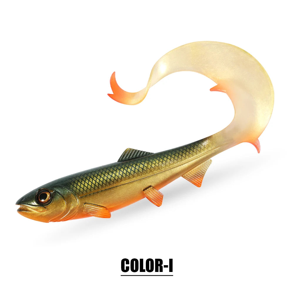 Spinpoler Firebomb Soft Swimbait – Premium soft fishing lure with lifelike eel-style tail, 3D realistic eyes, and seductive swimming action. Perfect for catching big pike, bass, musky, and walleye in lakes, rivers, reservoirs, and saltwater. Available in multiple colors and sizes for maximum versatility.