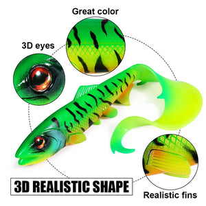 Spinpoler Firebomb Soft Swimbait – Premium soft fishing lure with lifelike eel-style tail, 3D realistic eyes, and seductive swimming action. Perfect for catching big pike, bass, musky, and walleye in lakes, rivers, reservoirs, and saltwater. Available in multiple colors and sizes for maximum versatility.