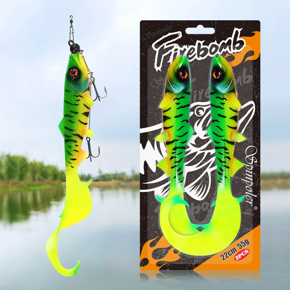 Spinpoler Firebomb Soft Swimbait – Premium soft fishing lure with lifelike eel-style tail, 3D realistic eyes, and seductive swimming action. Perfect for catching big pike, bass, musky, and walleye in lakes, rivers, reservoirs, and saltwater. Available in multiple colors and sizes for maximum versatility.