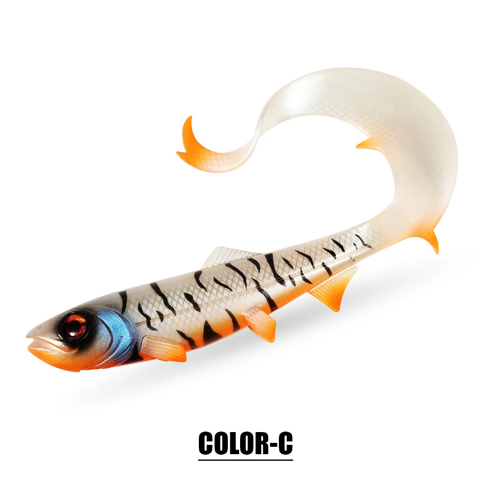 Spinpoler Firebomb Soft Swimbait – Premium soft fishing lure with lifelike eel-style tail, 3D realistic eyes, and seductive swimming action. Perfect for catching big pike, bass, musky, and walleye in lakes, rivers, reservoirs, and saltwater. Available in multiple colors and sizes for maximum versatility.