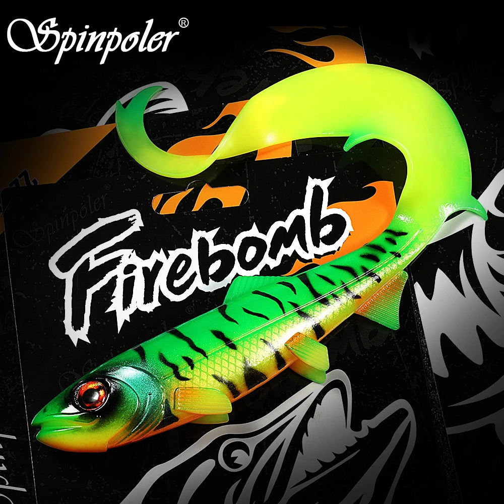 Spinpoler Firebomb Soft Swimbait – Premium soft fishing lure with lifelike eel-style tail, 3D realistic eyes, and seductive swimming action. Perfect for catching big pike, bass, musky, and walleye in lakes, rivers, reservoirs, and saltwater. Available in multiple colors and sizes for maximum versatility.