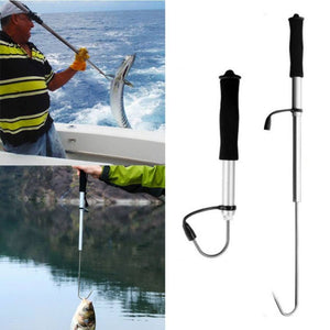 Telescopic fishing gaff with lightweight aluminum alloy construction, rust-resistant stainless steel hook, EVA handle, and wrist strap. Ideal for ice fishing, boat fishing, saltwater fishing, and safely landing large fish. Compact, retractable design for easy storage and transport.