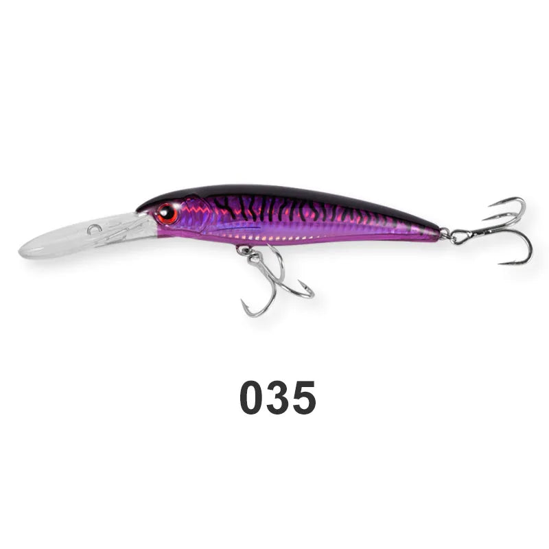 NOEBY Trolling Lures – High-Performance Floating and Slow-Sinking Minnows for Sea Bass, Tuna, and Saltwater Fishing | Features include a massive diving lip for deep water trolling, 3D lifelike eyes, internal holographic foil for maximum attraction, and 3X-strength treble hooks for secure catch. Perfect for offshore trolling, coastal fishing, and use with trolling motors to target predatory fish at various depths.