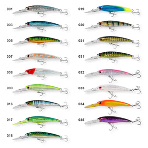 NOEBY Trolling Lures – High-Performance Floating and Slow-Sinking Minnows for Sea Bass, Tuna, and Saltwater Fishing | Features include a massive diving lip for deep water trolling, 3D lifelike eyes, internal holographic foil for maximum attraction, and 3X-strength treble hooks for secure catch. Perfect for offshore trolling, coastal fishing, and use with trolling motors to target predatory fish at various depths.