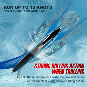 NOEBY Trolling Lures – High-Performance Floating and Slow-Sinking Minnows for Sea Bass, Tuna, and Saltwater Fishing | Features include a massive diving lip for deep water trolling, 3D lifelike eyes, internal holographic foil for maximum attraction, and 3X-strength treble hooks for secure catch. Perfect for offshore trolling, coastal fishing, and use with trolling motors to target predatory fish at various depths.