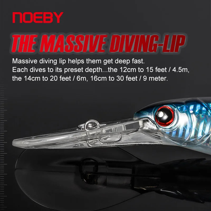 NOEBY Trolling Lures – High-Performance Floating and Slow-Sinking Minnows for Sea Bass, Tuna, and Saltwater Fishing | Features include a massive diving lip for deep water trolling, 3D lifelike eyes, internal holographic foil for maximum attraction, and 3X-strength treble hooks for secure catch. Perfect for offshore trolling, coastal fishing, and use with trolling motors to target predatory fish at various depths.