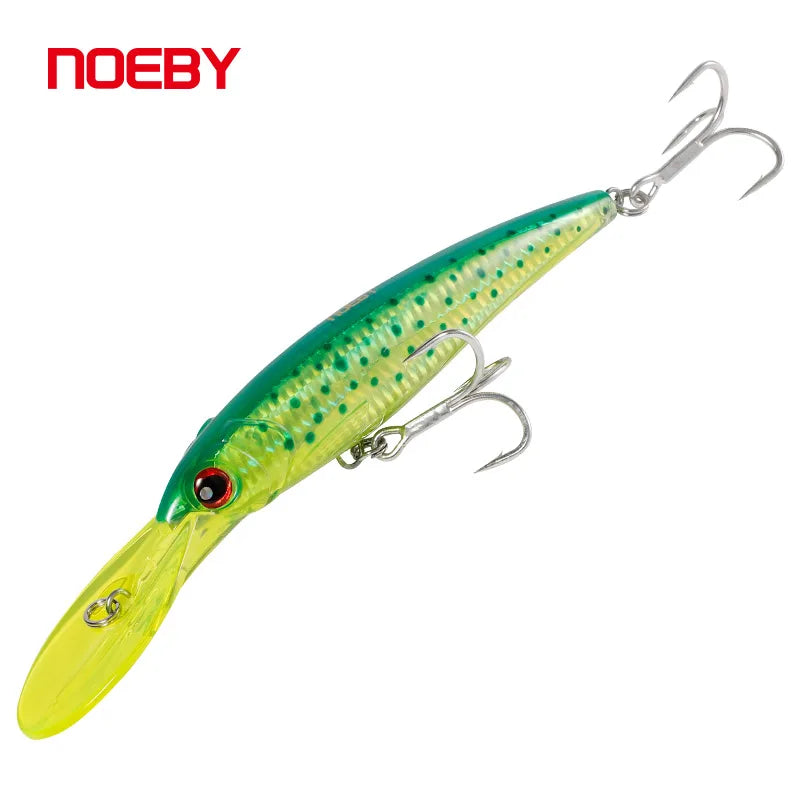 NOEBY Trolling Lures – High-Performance Floating and Slow-Sinking Minnows for Sea Bass, Tuna, and Saltwater Fishing | Features include a massive diving lip for deep water trolling, 3D lifelike eyes, internal holographic foil for maximum attraction, and 3X-strength treble hooks for secure catch. Perfect for offshore trolling, coastal fishing, and use with trolling motors to target predatory fish at various depths.