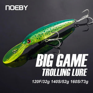 NOEBY Trolling Lures – High-Performance Floating and Slow-Sinking Minnows for Sea Bass, Tuna, and Saltwater Fishing | Features include a massive diving lip for deep water trolling, 3D lifelike eyes, internal holographic foil for maximum attraction, and 3X-strength treble hooks for secure catch. Perfect for offshore trolling, coastal fishing, and use with trolling motors to target predatory fish at various depths.