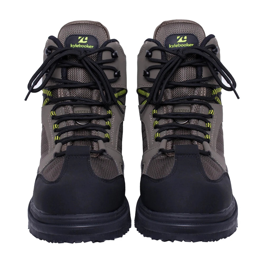 Premium wading boots with non-slip rubber soles, reinforced toe and heel, and padded ankle collar for fishing, hiking, and outdoor adventures; durable and comfortable design for navigating slippery rocks, mossy riverbeds, and rugged terrains.