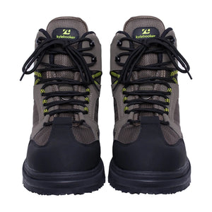 Premium wading boots with non-slip rubber soles, reinforced toe and heel, and padded ankle collar for fishing, hiking, and outdoor adventures; durable and comfortable design for navigating slippery rocks, mossy riverbeds, and rugged terrains.