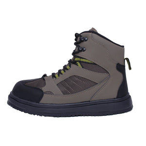 Premium wading boots with non-slip rubber soles, reinforced toe and heel, and padded ankle collar for fishing, hiking, and outdoor adventures; durable and comfortable design for navigating slippery rocks, mossy riverbeds, and rugged terrains.