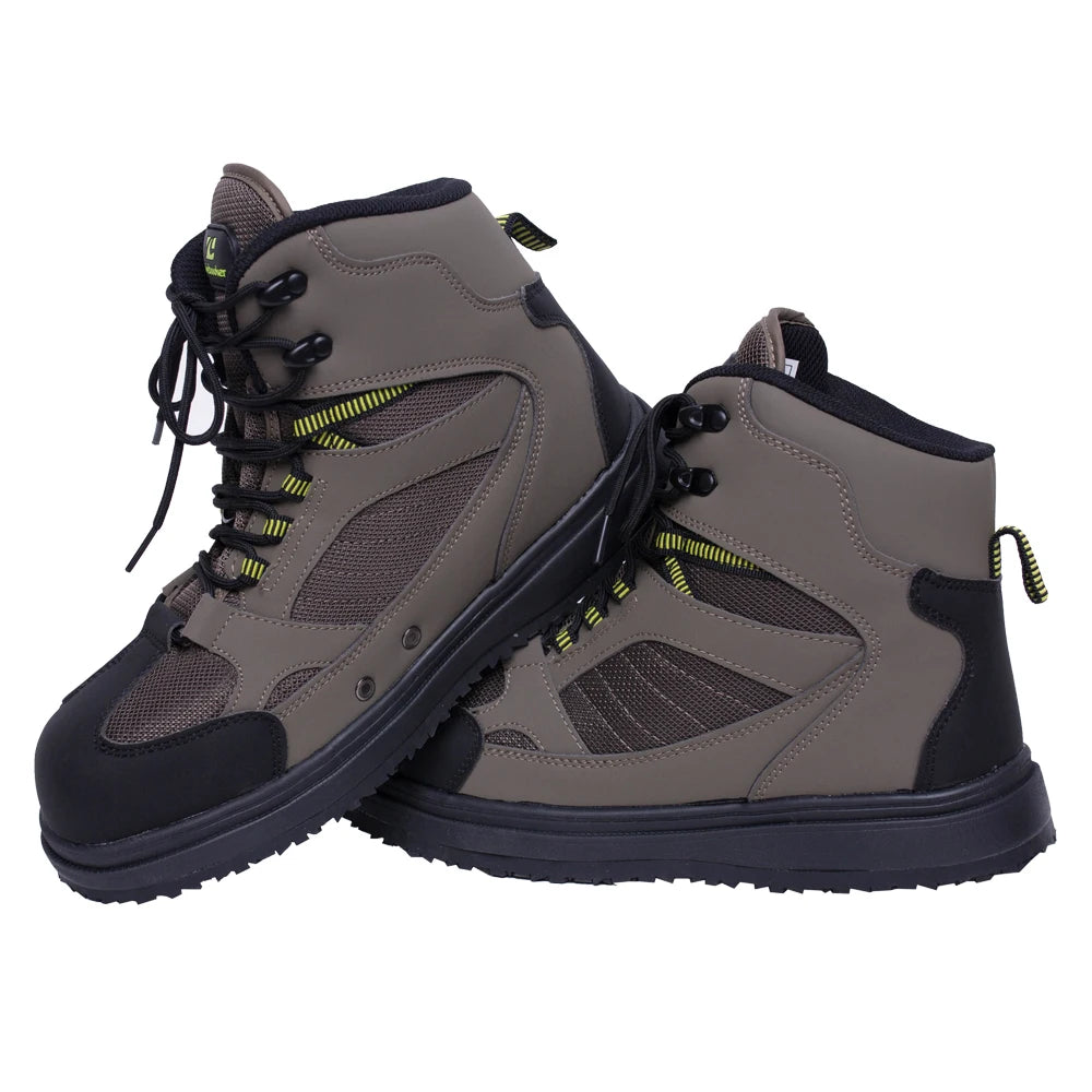 Premium wading boots with non-slip rubber soles, reinforced toe and heel, and padded ankle collar for fishing, hiking, and outdoor adventures; durable and comfortable design for navigating slippery rocks, mossy riverbeds, and rugged terrains.