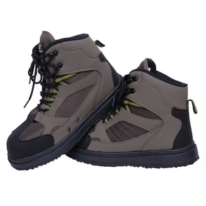 Premium wading boots with non-slip rubber soles, reinforced toe and heel, and padded ankle collar for fishing, hiking, and outdoor adventures; durable and comfortable design for navigating slippery rocks, mossy riverbeds, and rugged terrains.