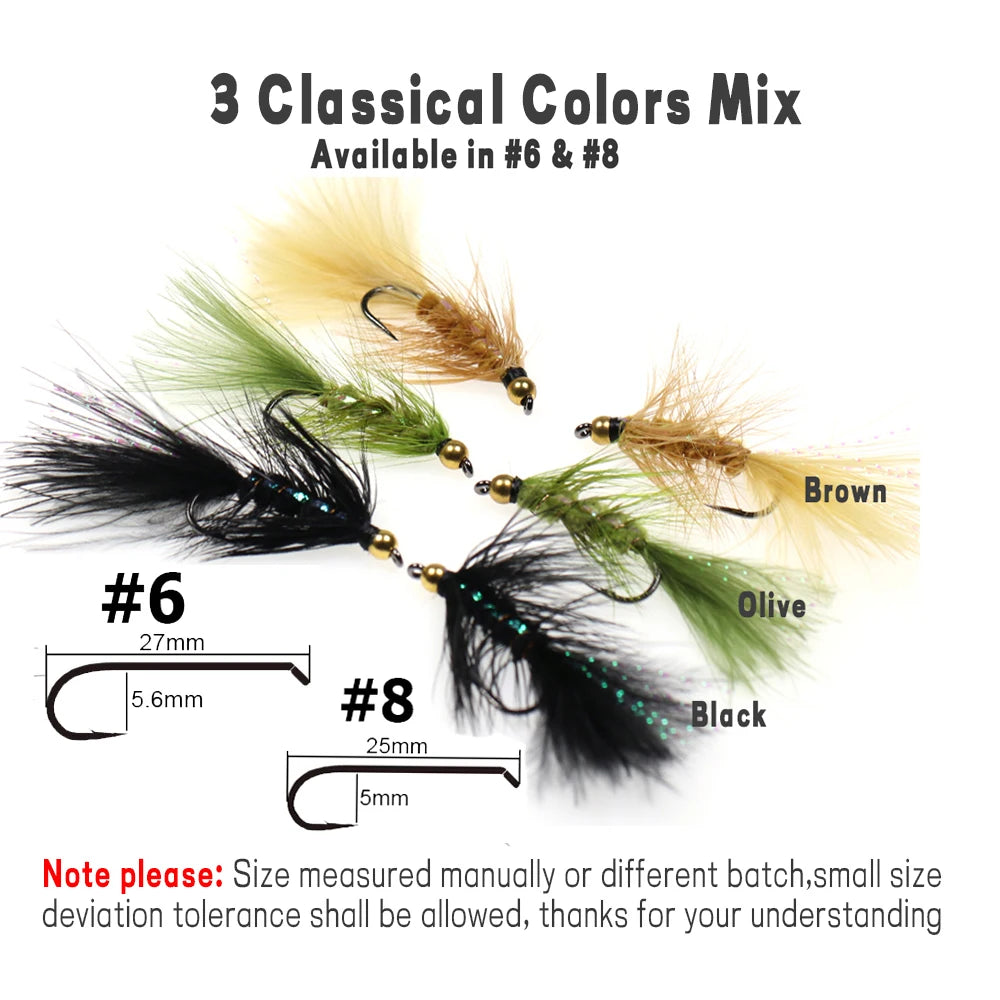 Wifreo Woolly Buggers Fly Fishing Flies - 12 Pack, Brass Bead Head, Olive/Brown/Black, Size 6 and 8, for trout, steelhead, bass, and pike fishing.