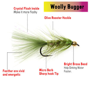 Wifreo Woolly Buggers Fly Fishing Flies - 12 Pack, Brass Bead Head, Olive/Brown/Black, Size 6 and 8, for trout, steelhead, bass, and pike fishing.