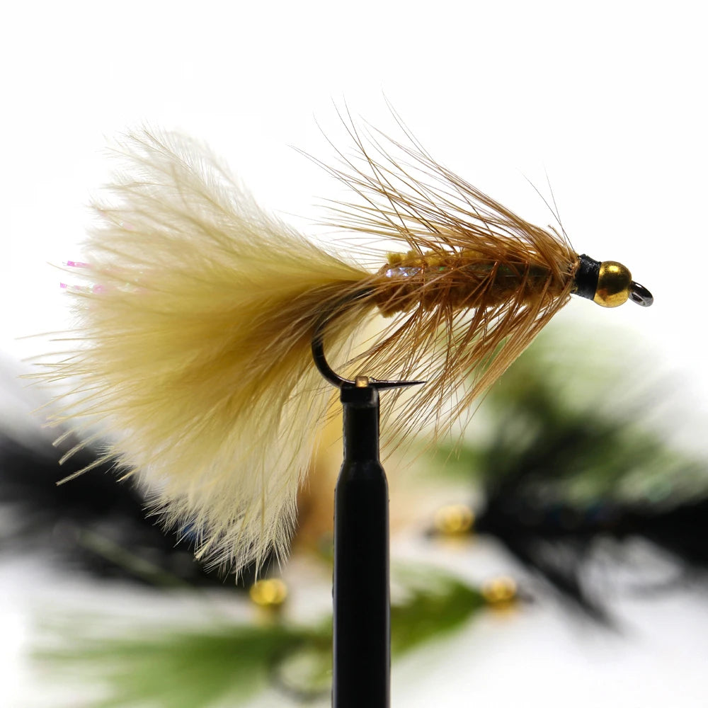 Wifreo Woolly Buggers Fly Fishing Flies - 12 Pack, Brass Bead Head, Olive/Brown/Black, Size 6 and 8, for trout, steelhead, bass, and pike fishing.