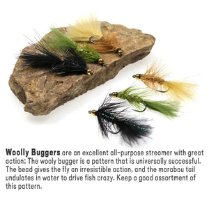 Wifreo Woolly Buggers Fly Fishing Flies - 12 Pack, Brass Bead Head, Olive/Brown/Black, Size 6 and 8, for trout, steelhead, bass, and pike fishing.