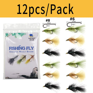 Wifreo Woolly Buggers Fly Fishing Flies - 12 Pack, Brass Bead Head, Olive/Brown/Black, Size 6 and 8, for trout, steelhead, bass, and pike fishing.