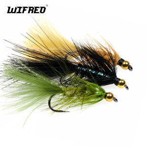 Wifreo Woolly Buggers Fly Fishing Flies - 12 Pack, Brass Bead Head, Olive/Brown/Black, Size 6 and 8, for trout, steelhead, bass, and pike fishing.