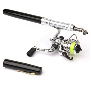 Mini pocket pen fishing rod and reel set, compact and portable design with durable glass steel fiber and aluminum alloy construction. Ideal for freshwater and saltwater fishing, featuring 2+1 ball bearings and 3.9:1 gear ratio for smooth performance.