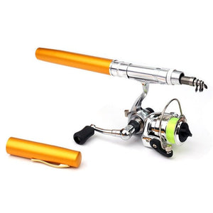 Mini pocket pen fishing rod and reel set, compact and portable design with durable glass steel fiber and aluminum alloy construction. Ideal for freshwater and saltwater fishing, featuring 2+1 ball bearings and 3.9:1 gear ratio for smooth performance.