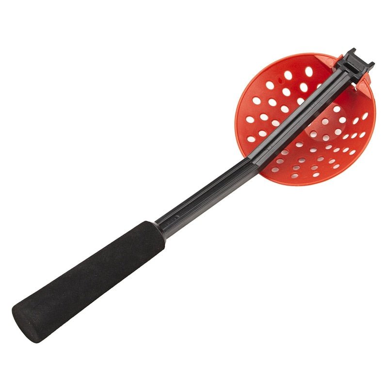 Lightweight plastic foldable ice fishing scoop with long ergonomic handle for efficient ice removal from fishing holes. Durable, compact, and easy-to-carry ice fishing tool designed for clearing ice shavings and slush, enhancing the ice fishing experience. Ideal for ice fishing enthusiasts seeking portability and comfort.