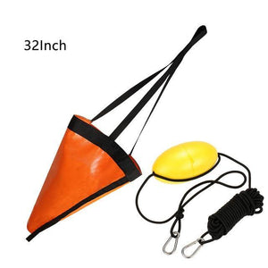 Orange 32-inch kayak anchor drift sock with 30ft tow rope, designed for kayak stability in windy conditions and strong currents. Made from durable PVC rip-stop fabric with reinforced webbing, this high-visibility kayak drift anchor is ideal for kayaks, small fishing boats, canoes, and jet skis in freshwater and saltwater environments.