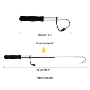 Telescopic fishing gaff with lightweight aluminum alloy construction, rust-resistant stainless steel hook, EVA handle, and wrist strap. Ideal for ice fishing, boat fishing, saltwater fishing, and safely landing large fish. Compact, retractable design for easy storage and transport.